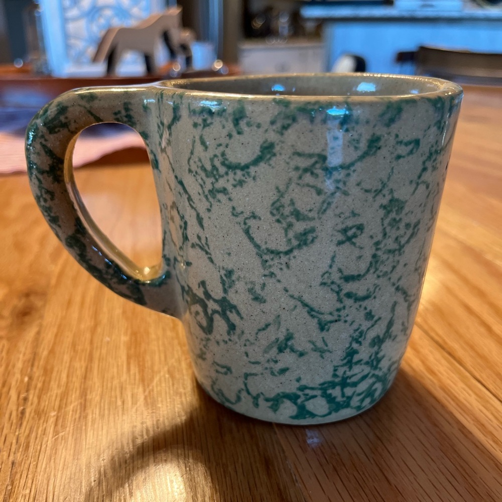 Roseville - Vintage green sponge paint coffee mug - Made in USA